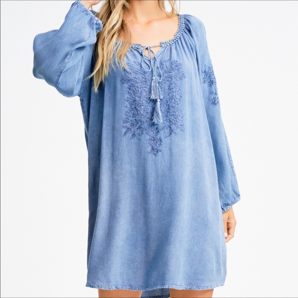 Montrez  Boho Embroidered Dusty Blue Mini Sundress